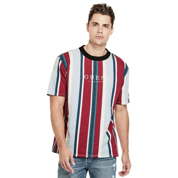 Guess Originals Sayer Logo Shirt in Pink Blue Stripe - Picture 2 of 4